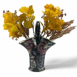Vintage Hand-Painted Porcelain Basket Vase – Floral Gilt Design, Made in China